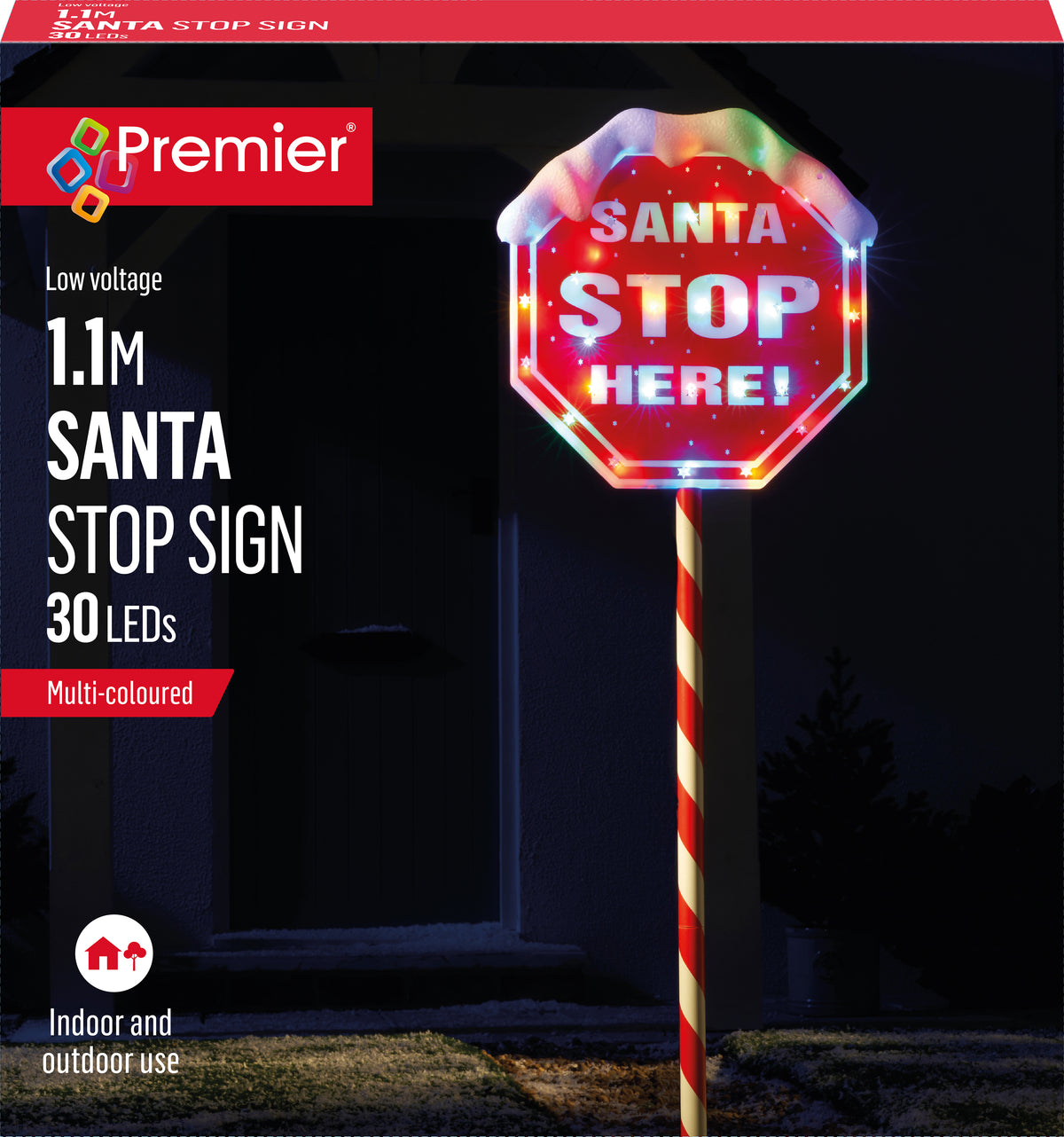 Light Up LED Santa Stop Here Sign with Candy Cane Garden Stake - 1.1m