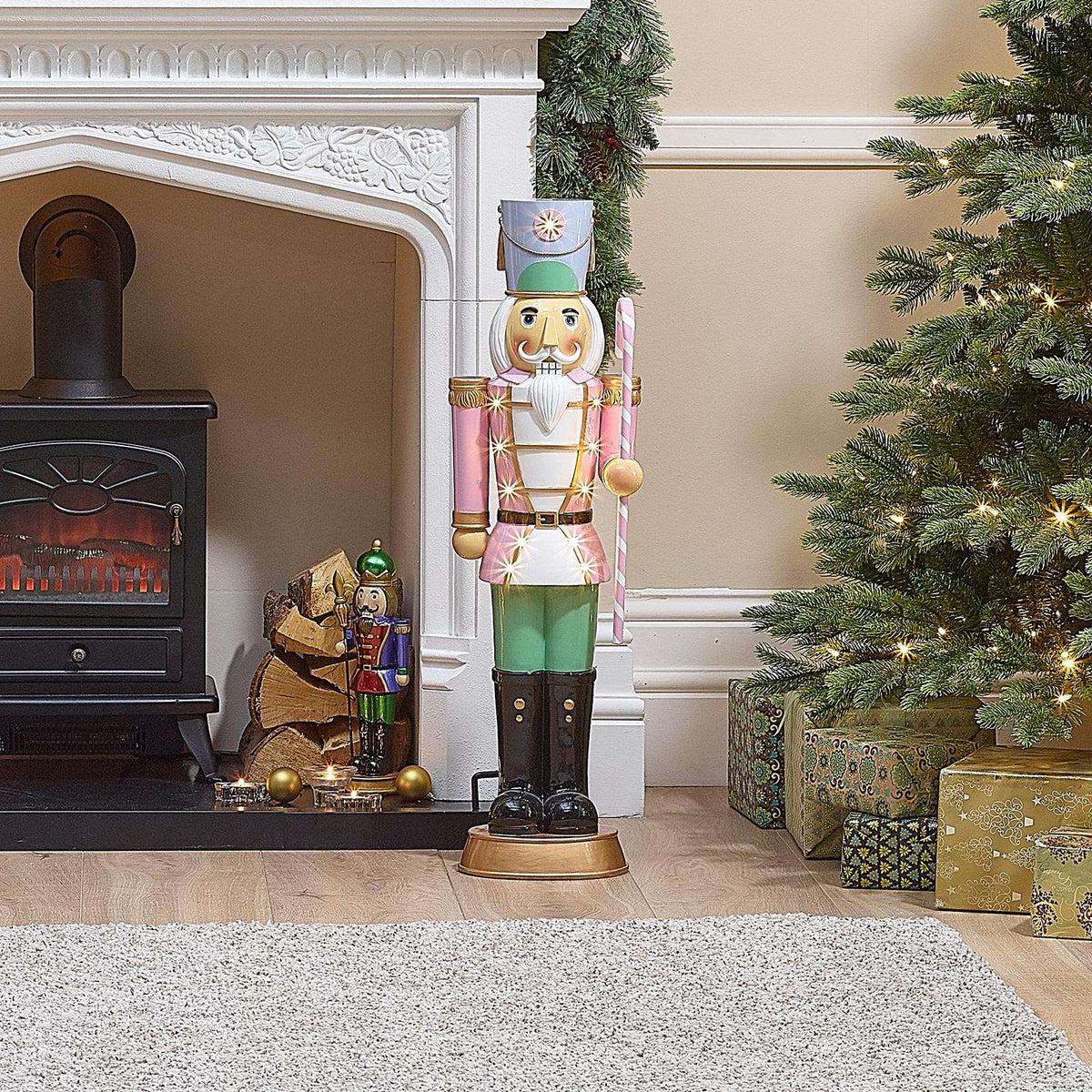 Noel the 3ft Pastel Pink Giant Nutcracker with Candy Cane Light Up - Indoor or Outdoor Christmas Decoration