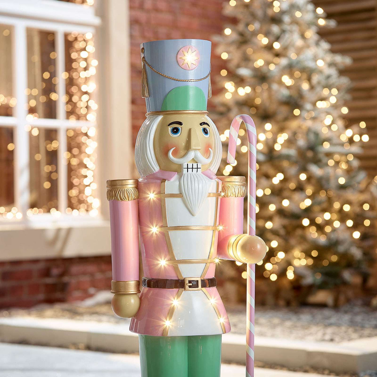 Noel the 3ft Pastel Pink Giant Nutcracker with Candy Cane Light Up - Indoor or Outdoor Christmas Decoration