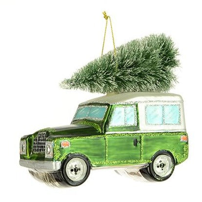 Glass Land Rover with Christmas Tree on Roof – Southwood Christmas Shop