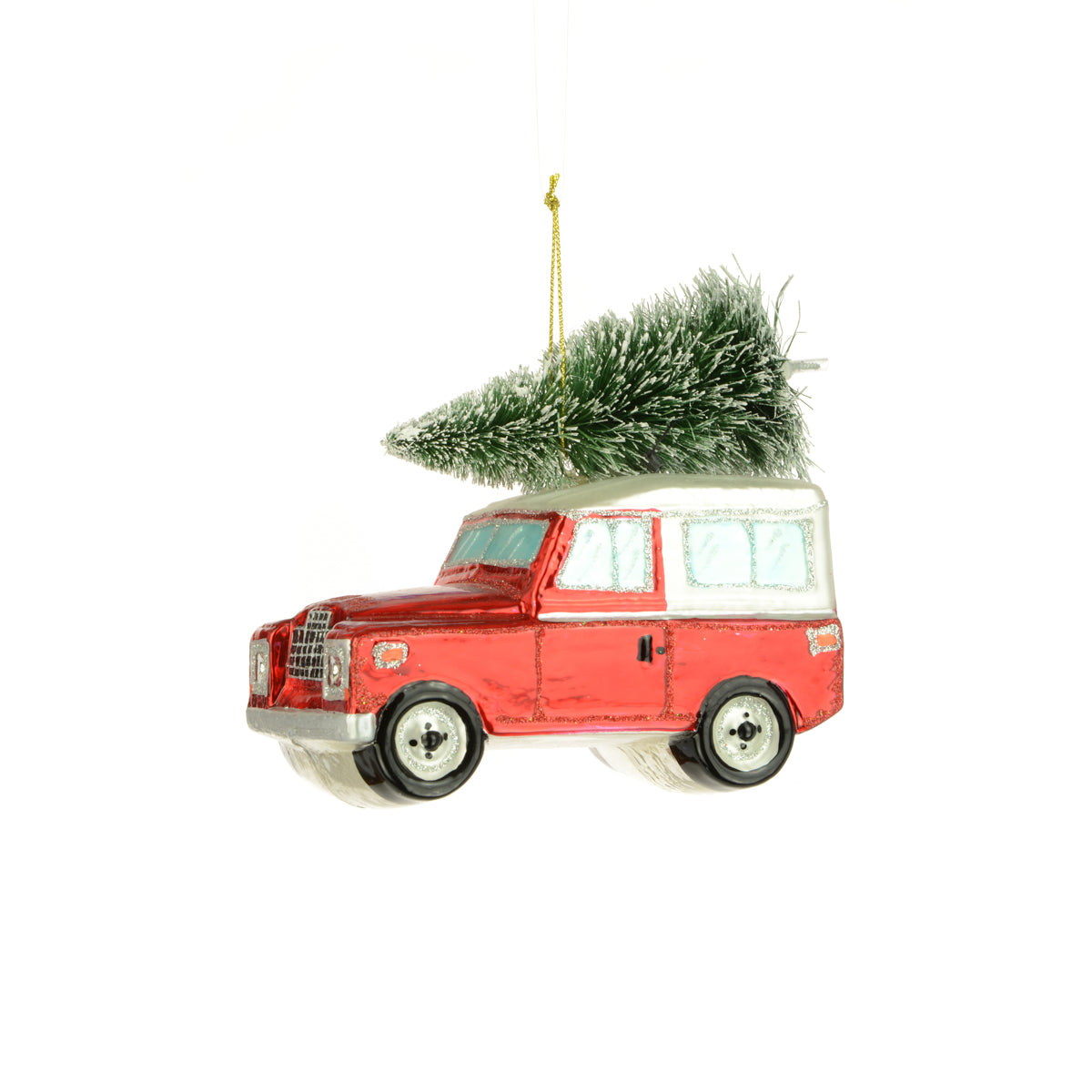 Glass Land Rover with Christmas Tree on Roof – Southwood Christmas Shop