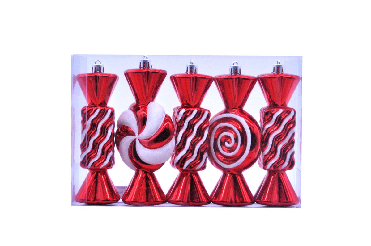 Pack of Five Large Red & White Stripped Candy Shaped Hanging Decorations