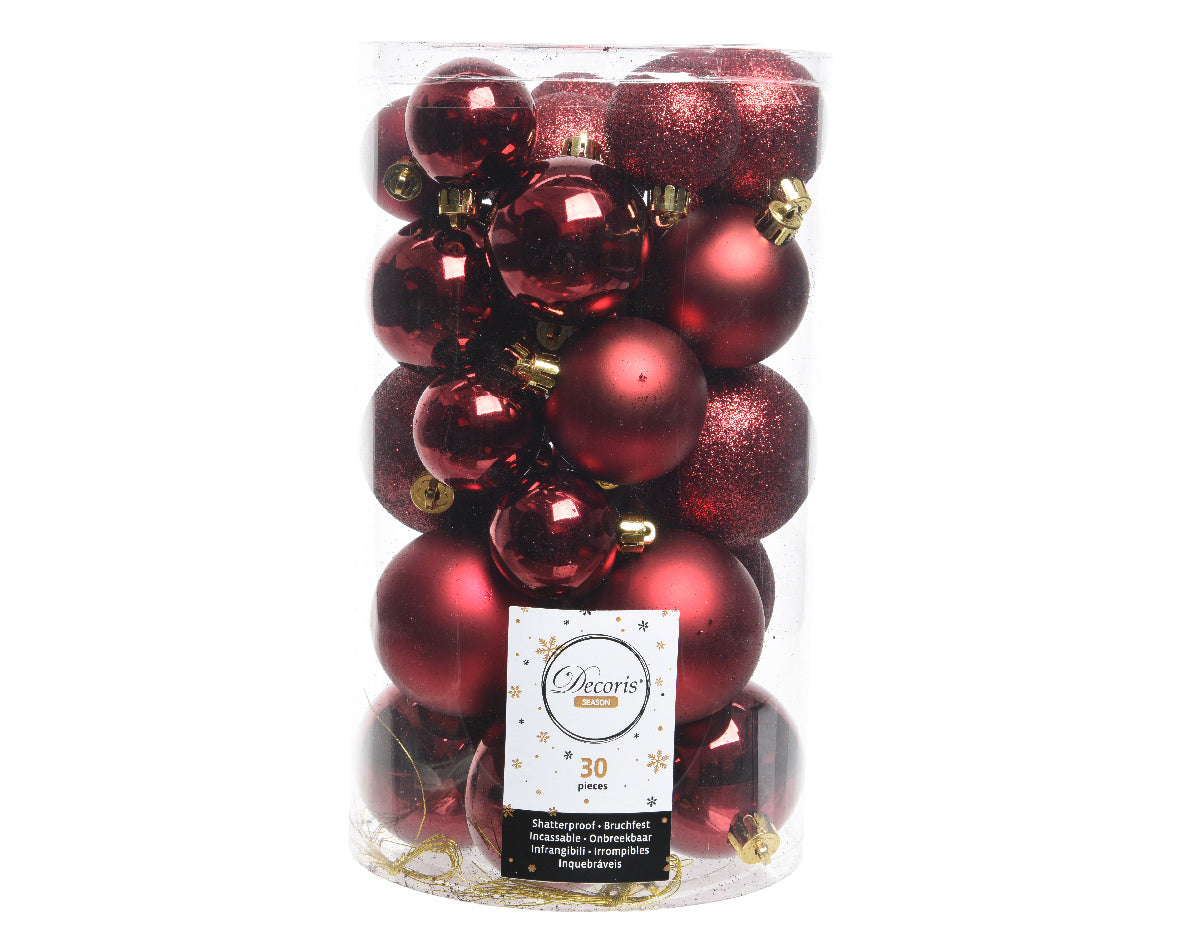 Oxblood Shatterproof Assorted Sized Christmas Baubles - Tube of 30