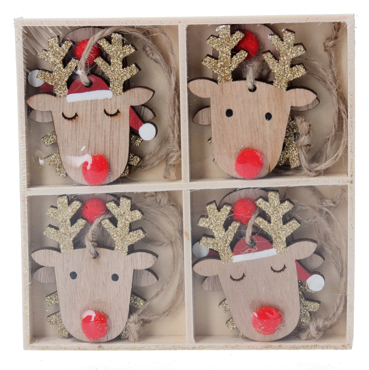 Gisela Graham - Wooden Rudolph Reindeer Head Tree Decorations - Box of 8