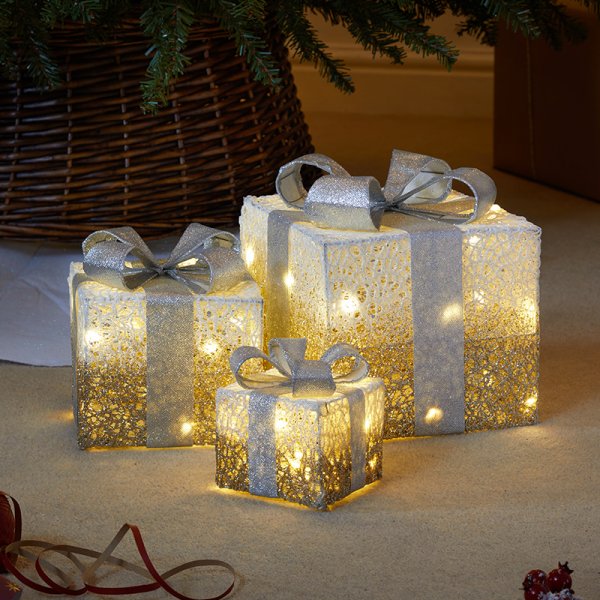 Gold Sparkly Faux Christmas Light Up Gift Boxes / Presents - Set of 3 - 45 LEDs - Battery Operated