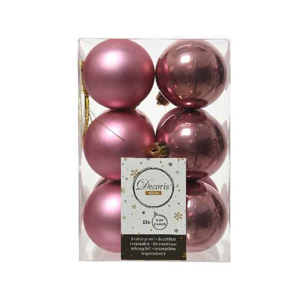 Velvet Pink Shatterproof Shiny & Matt Christmas Baubles - 6cm - Box of 12