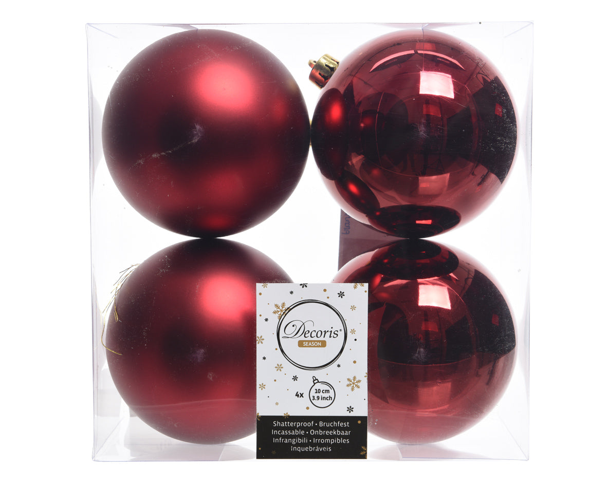 Set of 4 Large Matt & Shiny Oxblood Red Shatterproof Baubles - 10cm