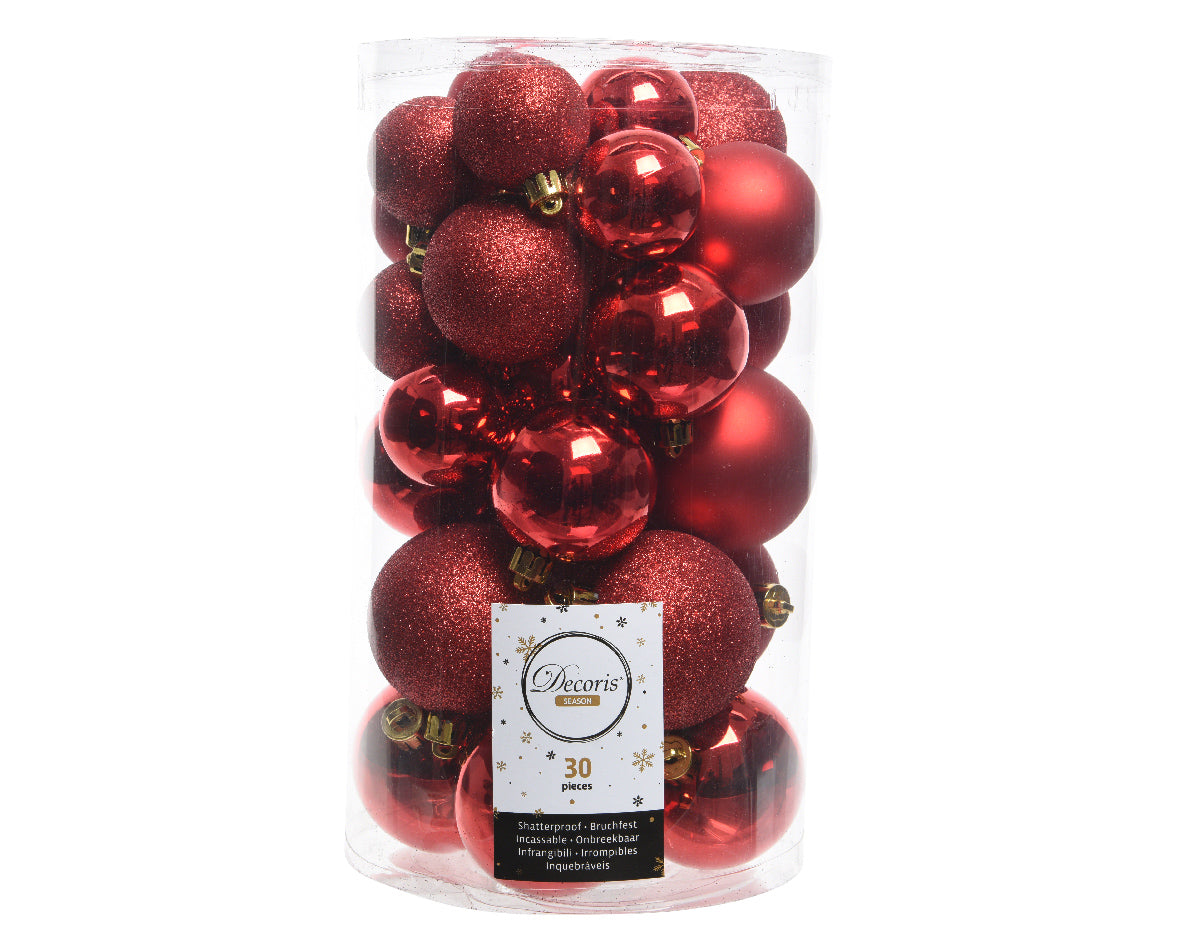 Christmas Red Shatterproof Assorted Sized Christmas Baubles - Tube of 30