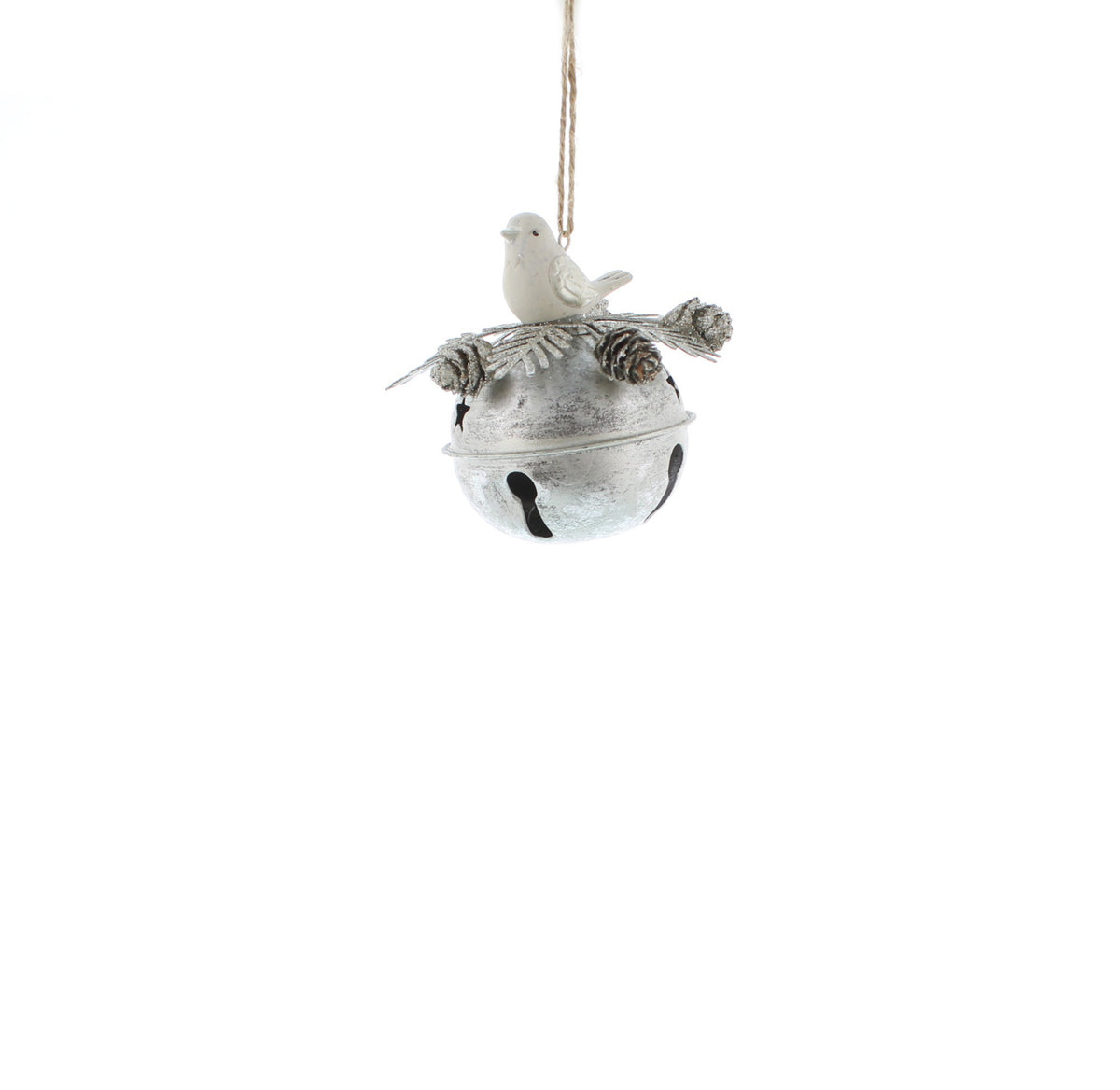Metal Silver Bell with Foliage and White Bird - 11cm