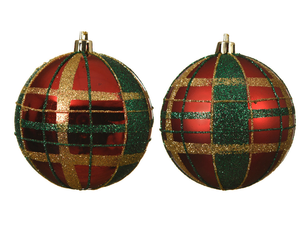 Red, Gold & Green Shatterproof Tartan Single Bauble - 8cm