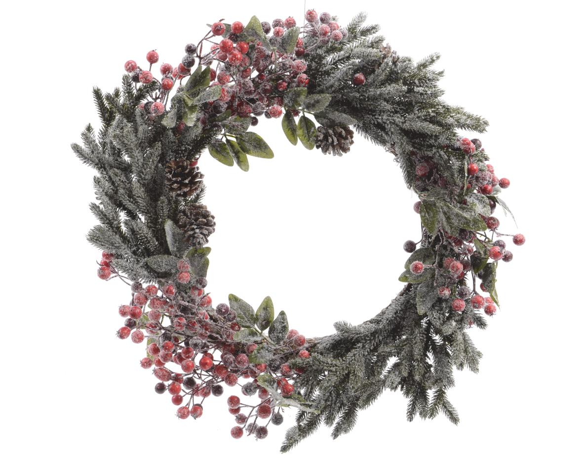 Frosted Snow Wreath with Red Berries & Pine Cones