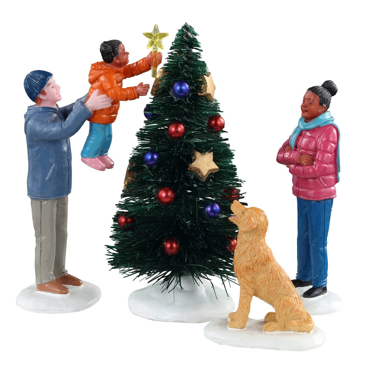 Lemax The Final Touch Family with Dog Decorating a Christmas Tree - Set of 4 Figurines
