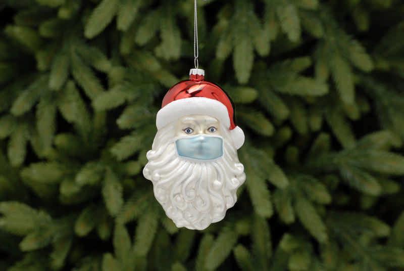 Large Glass Santa Head Wearing Blue Face Mask - 15cm