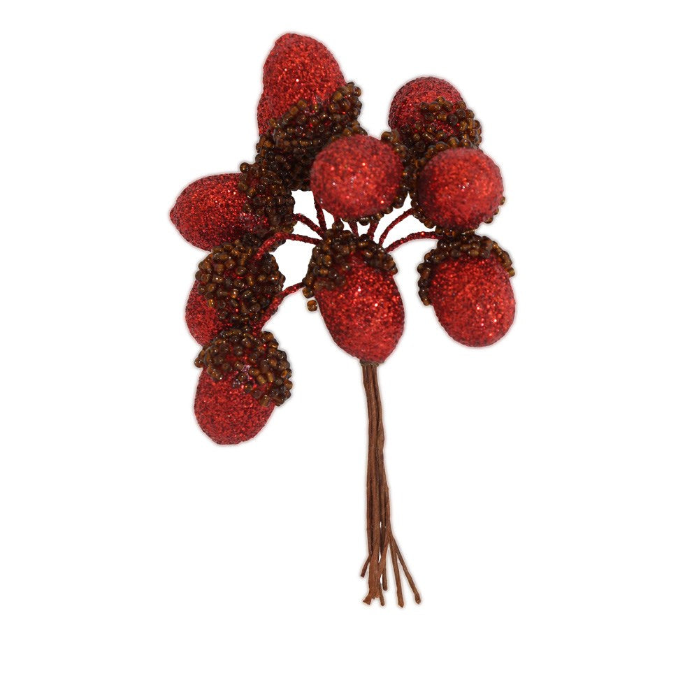Gisela Graham - Red Glitter Acorn Pick Bunch - 11cm