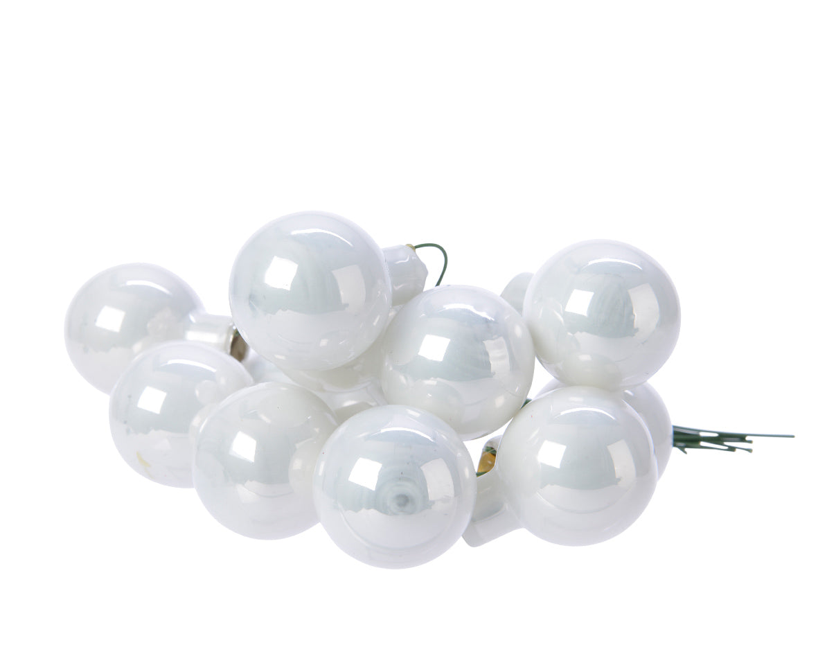 Winter White Mini Glass Baubles on a Wire - Bunch of 10 (2.5cm) - Shiny Finish