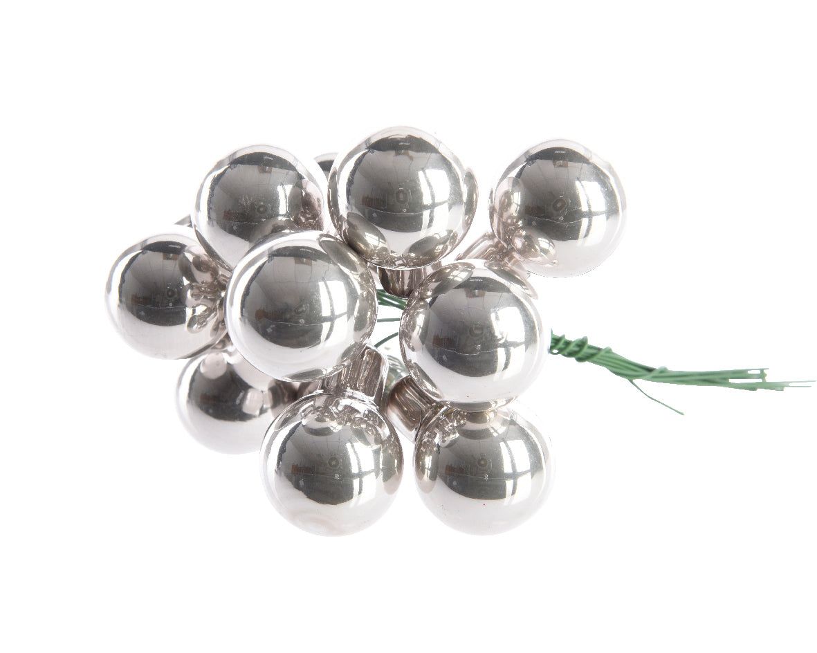 Silver Mini Glass Baubles on a Wire - Bunch of 10 (2cm) - Shiny Finish