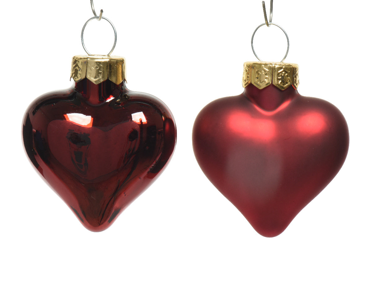 Red Heart Shaped Glass Baubles in Enamel and Matt Finish- Box of 12