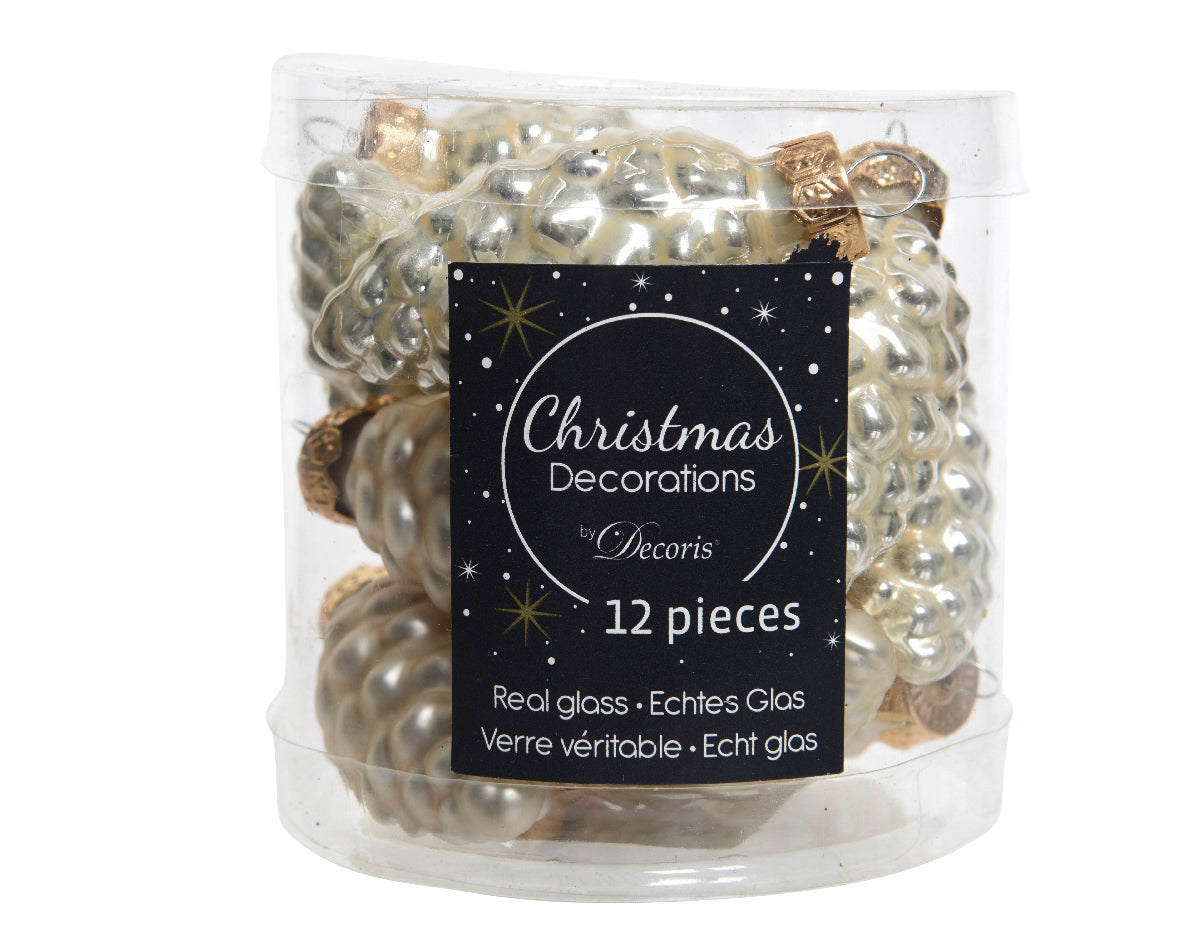 Pearl Glass Pine Cones with Matt and Shiny Finish - Pack of 12
