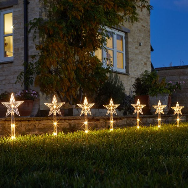 Warm White Star Decor Light Up Garden Stakes / Path Lights - Set of 8 - 35cm / 24 LEDs