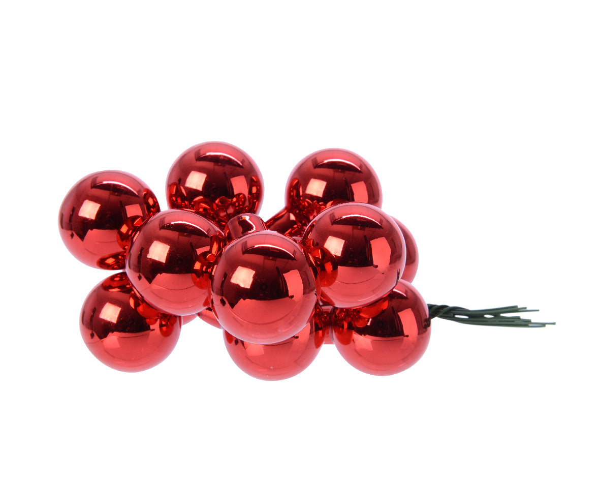 Christmas Red Mini Glass Baubles on a Wire - Bunch of 10 (2.5cm) - Shiny Finish