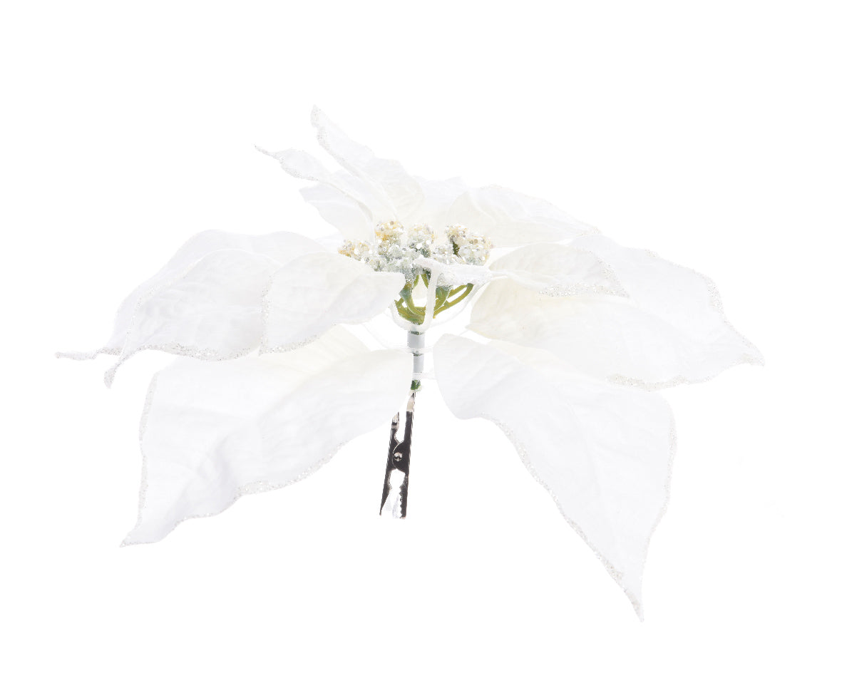 Silk Poinsettia Clip with Glitter Finish in White