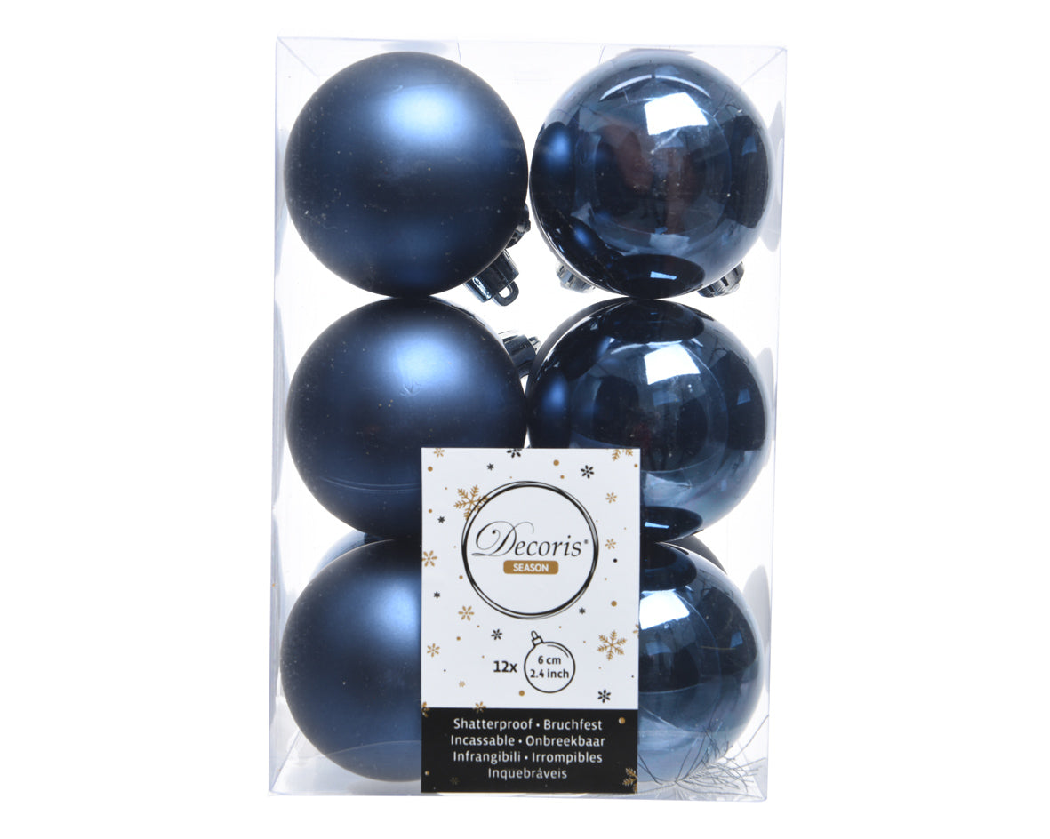Night Blue Shatterproof Shiny and Matt Christmas Baubles - 6cm - Box of 12