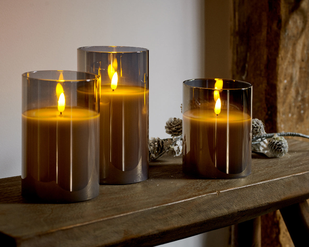 LED Wax Smokey Glass Candles - Set of 3