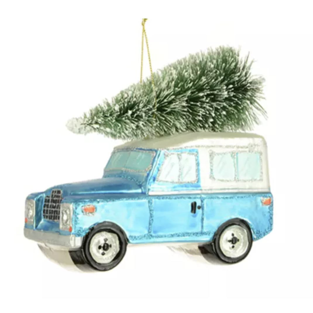 Glass Land Rover with Christmas Tree on Roof – Southwood Christmas Shop