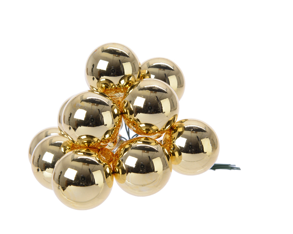 Light Gold Mini Glass Baubles on a Wire - Bunch of 10 (2cm) - Shiny Finish