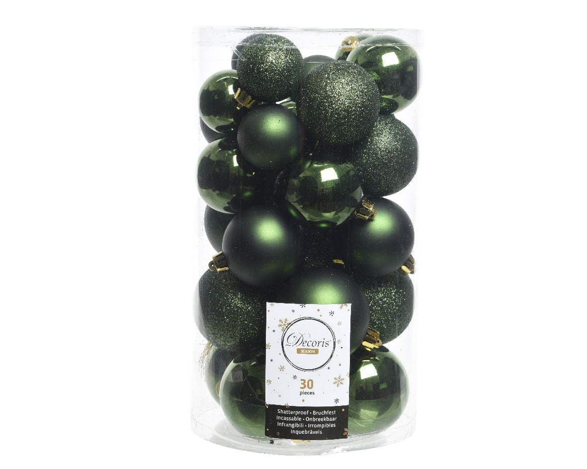 Pine Green Shatterproof Assorted Sized Christmas Baubles - Tube of 30