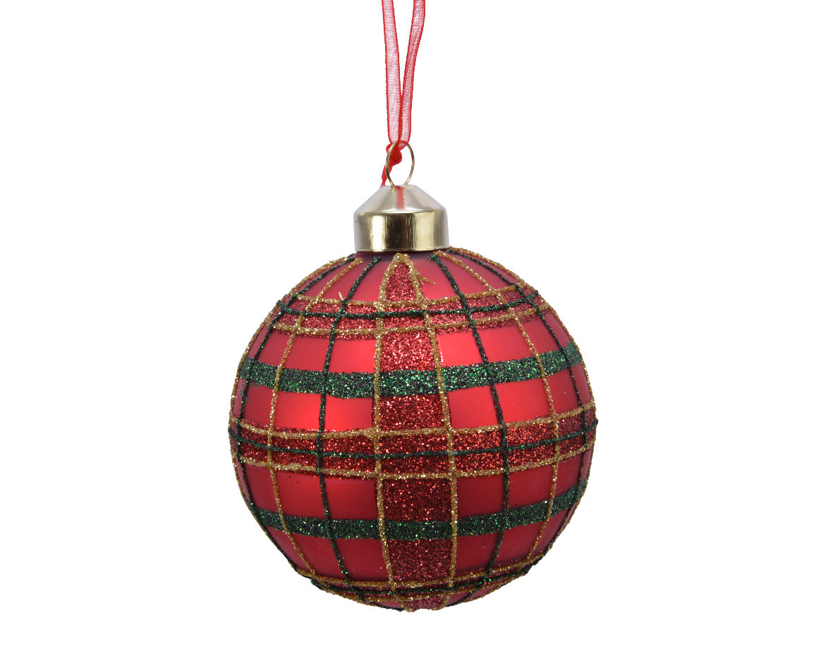 Matt Glass Red Bauble with Glitter Tartan Pattern- Box of 3