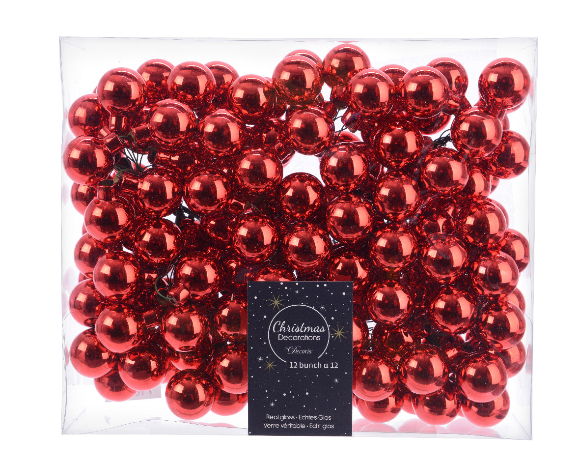 Christmas Red Mini Glass Baubles on a Wire - Bunch of 10 (2.5cm) - Shiny Finish