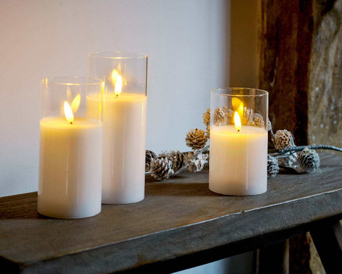 LED Wax White Glass Candles - Set of 3