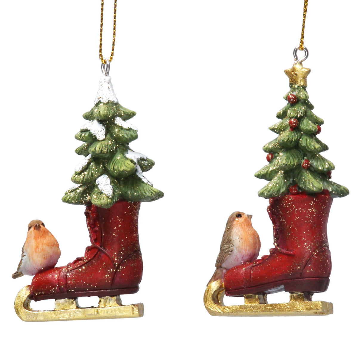Gisela Graham - Resin Skating Boot with Robin Christmas Tree Bauble Single