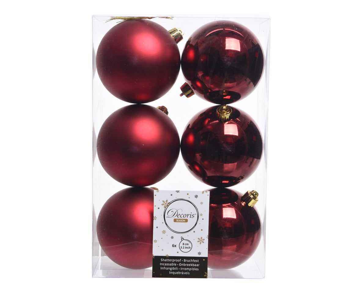 Oxblood Shatterproof Shiny and Matt Baubles - Box of 6