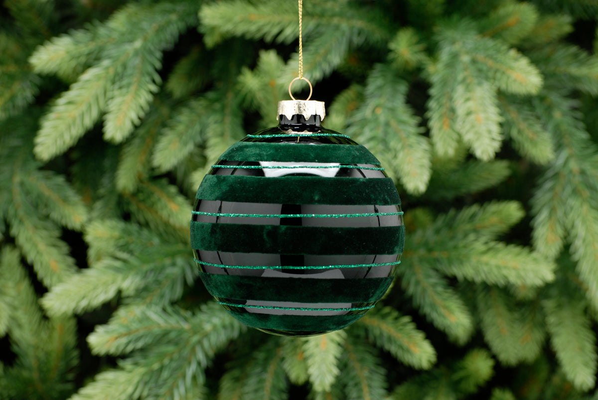 Emerald Green With Flocked Lines Glass Ball Bauble - 10cm
