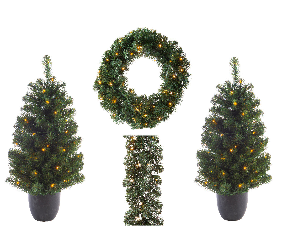 Imperial Pine Outdoor Door Set of 2 Pre-lit Trees, Wreath, & Garland