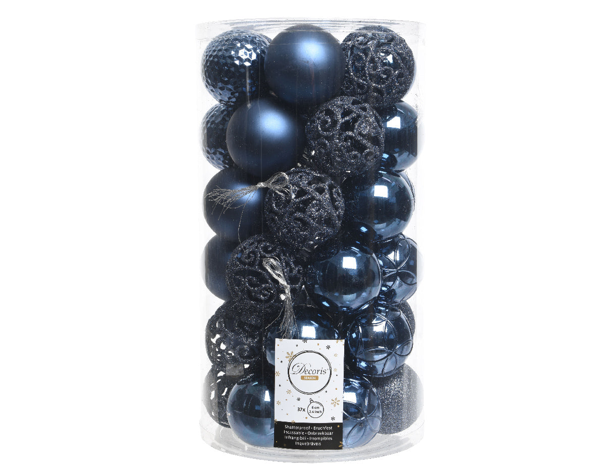 Night Blue Mixed Tube of 37 Shatterproof Baubles