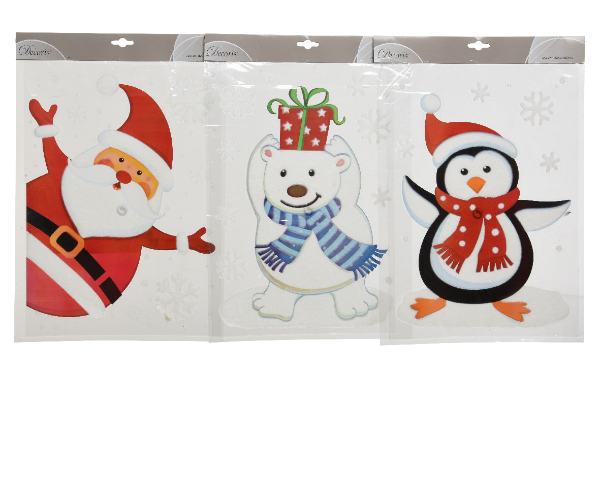 Window Decorations - Polar Bear, Penguin and Santa with Flock