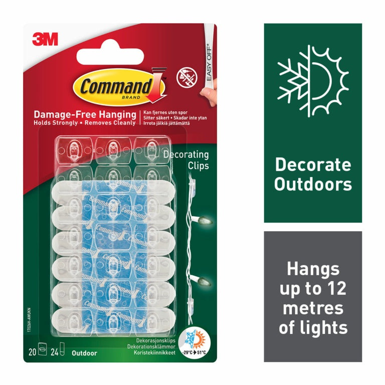 Command Indoor Outdoor Decorating Clips - 20 Clips 24 Water resistant strips