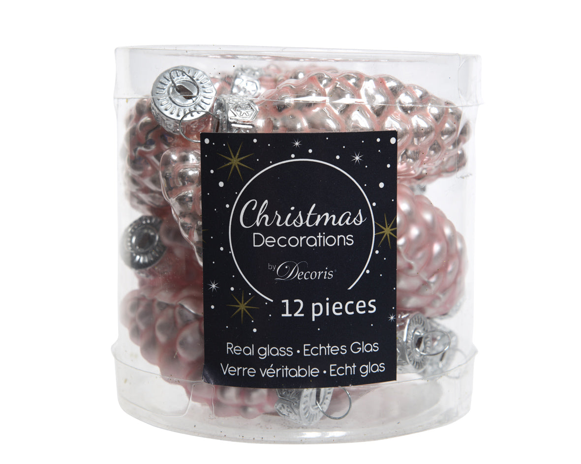 Blush Pink Glass Pine Cones with Matt and Shiny Finish - Pack of 12