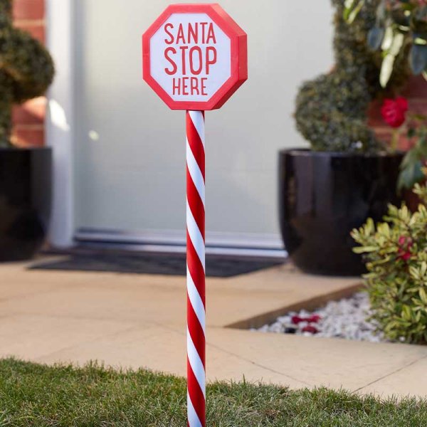 Light Up Santa Stop Here Candy Cane Stake - 55cm