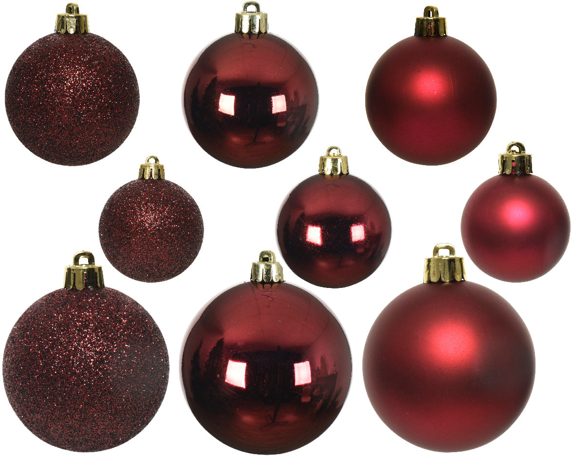 Oxblood Shatterproof Assorted Sized Christmas Baubles - Tube of 30