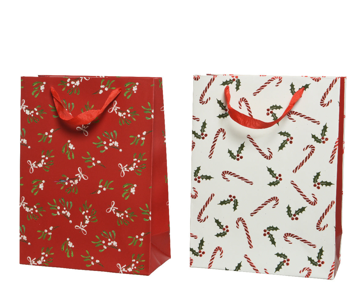 Red Glitter Berry Branch and White Candy Cane Gift Bag