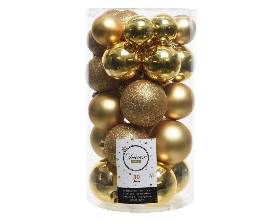 Light Gold Shatterproof Christmas Baubles | Tube of 30 | Mixed Sizes 40mm, 50mm & 60mm