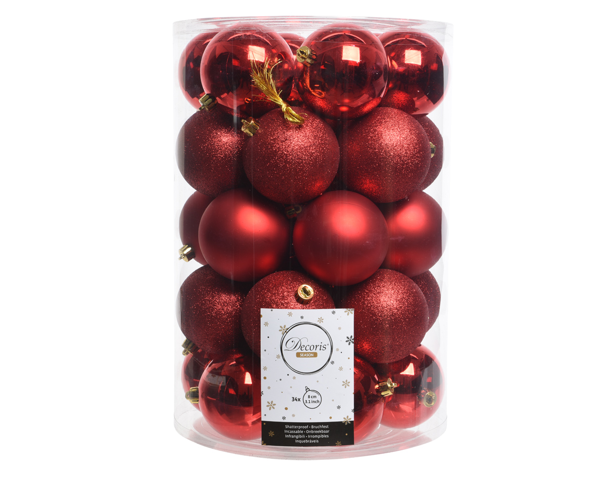 Christmas Red Shatterproof Matt, Shiny and Glitter Assorted Baubles - Tube of 34