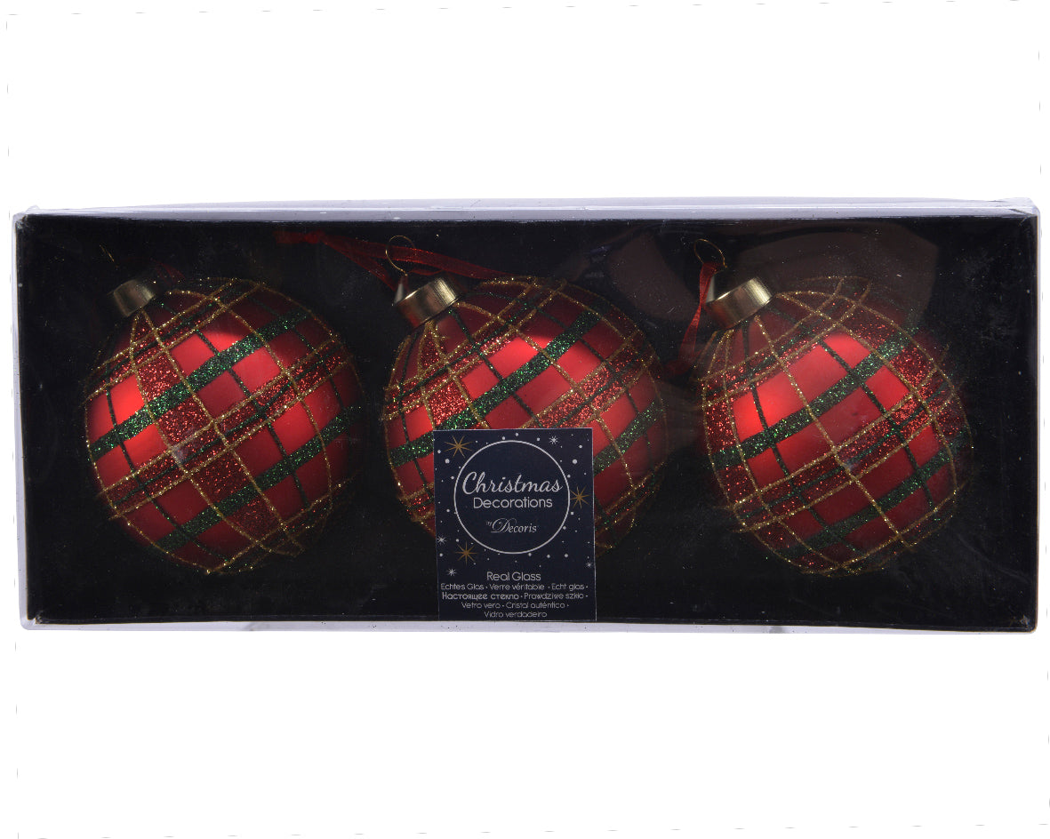 Matt Glass Red Bauble with Glitter Tartan Pattern- Box of 3