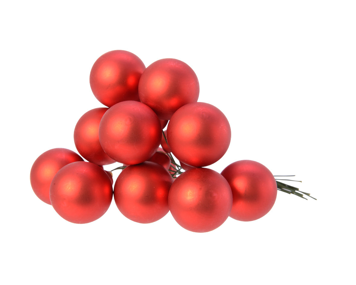 Christmas Red Mini Glass Baubles on a Wire - Bunch of 10 (2.5cm) - Matt Finish