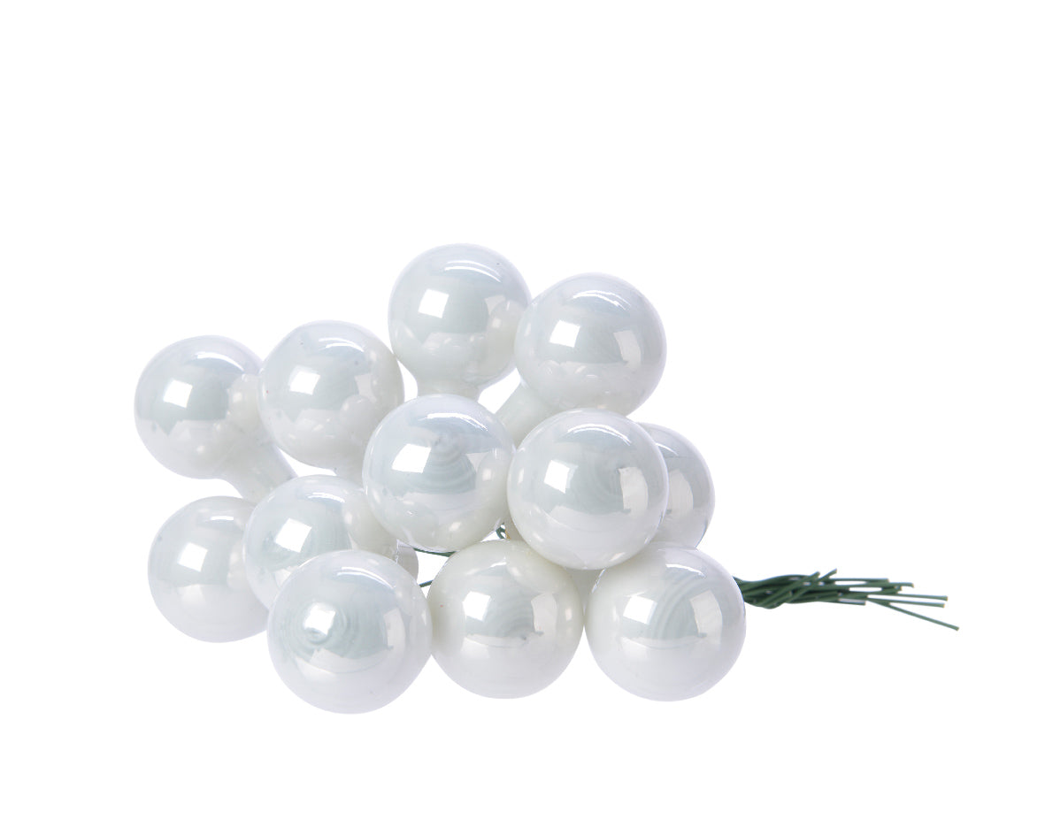 Winter White Mini Glass Baubles on a Wire - Bunch of 10 (2cm)- Shiny Finish