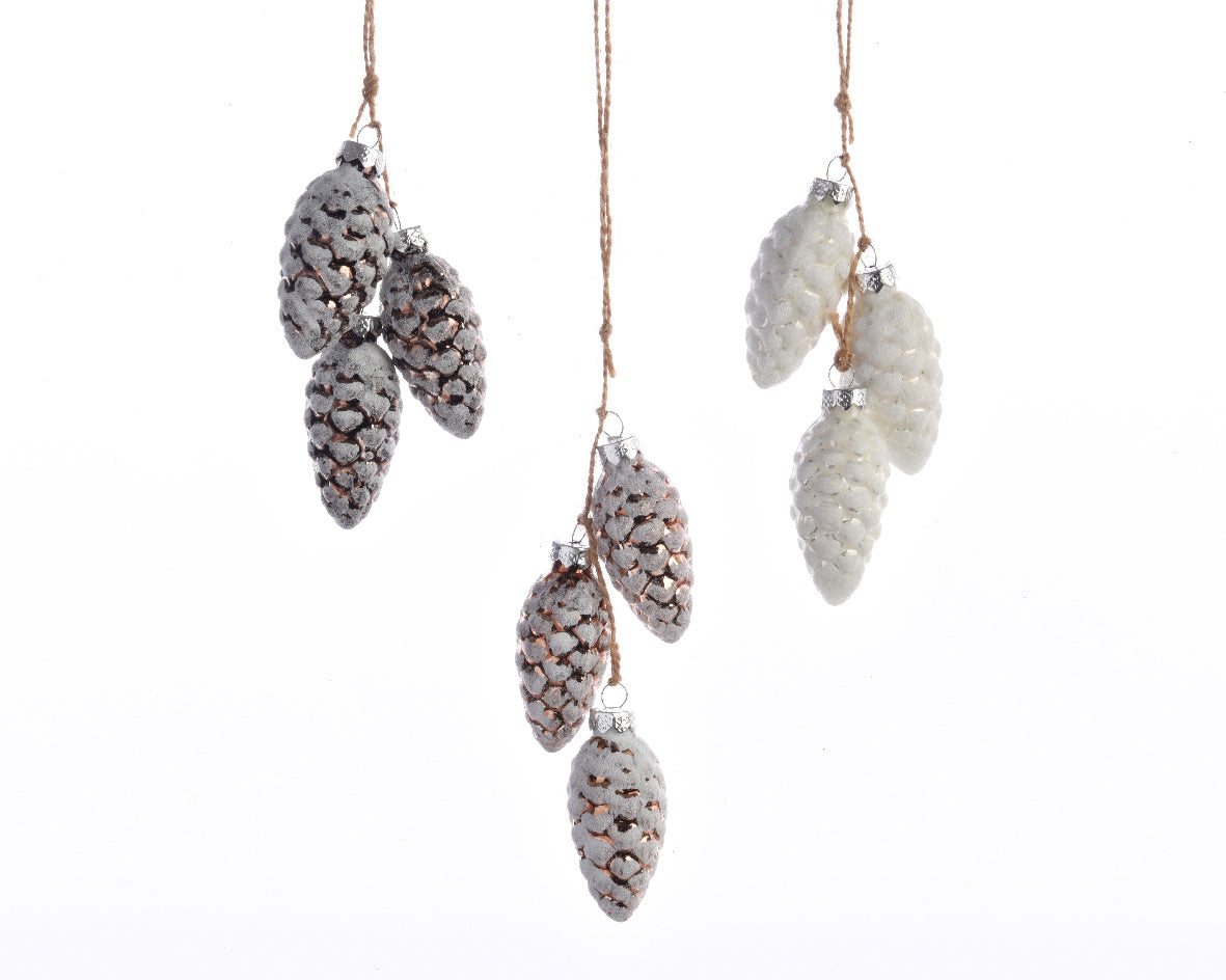 Snow Covered Hanging Glass Pinecone Bundle with Gold top  - Set of 3
